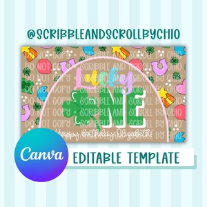 Op de afbeelding: Een bewerkbare Canva-sjabloon met het thema St. Patrick's Day met het woord "LUCKY" in kleurrijke letters. De achtergrond is bruin met St. Patrick's Day-iconen. De sjabloon bevat de tekst "happy birthday Elizabeth!" en het Canva-logo.