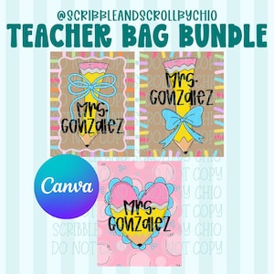 Puede incluir: Diseño de paquete de bolsas para profesores con temática de lápices. El diseño incluye el texto "Mrs. Gonzalez" en un lápiz, un diseño en forma de corazón y el logotipo de Canva. El fondo es azul claro con rayas verticales.