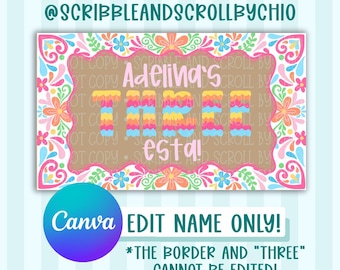 May include: A colorful digital design with the text "Adelina's THREE esta!" in a decorative frame. The design includes floral and geometric patterns, with a Canva logo and instructions to edit the name. The border and "THREE" cannot be edited.