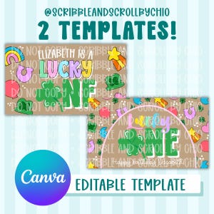 Op de afbeelding: Twee sjablonen met het thema St. Patrick's Day met de tekst "Elizabeth is een Lucky One". De sjablonen bevatten regenbogen, klavers en andere feestelijke afbeeldingen. De bewerkbare Canva-sjabloon staat op een lichtblauwe achtergrond.