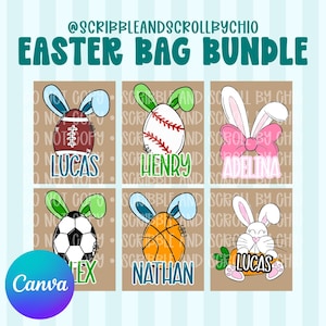 Op de afbeelding: Een afbeelding voor een Easter Bag Bundle met zes ontwerpen. Elk ontwerp toont een sportbal of een konijn met een naam. De tekst "EASTER BAG BUNDLE" en de naam van de maker staan bovenaan. Het Canva-logo staat linksonder.