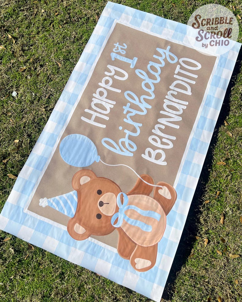 Editable Teddy Bear First Birthday Banner | Canva Birthday Sign | Beary ...