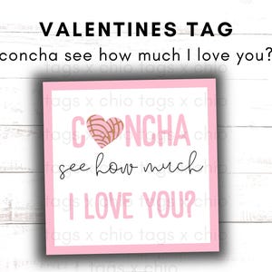 May include: Pink Valentine's Day gift tag with the text "concha see how much I love you?" and a pink and brown concha pastry heart.