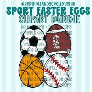 Op de afbeelding: Een clipartbundel met vier paaseieren ontworpen als sportballen: een voetbal, een American football, een basketbal en een honkbal. De tekst "SPORT EASTER EGGS CLIPART BUNDLE" staat bovenaan. De achtergrond is lichtblauw met verticale strepen.