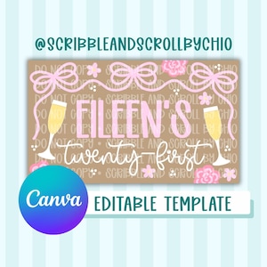 Op de afbeelding: Een bruin rechthoekig bord met roze tekst "Eileen's twenty-first". Het ontwerp bevat roze bloemen- en strikdecoraties, champagneglazen en het Canva-logo. De tekst "Editable Template" is ook aanwezig.