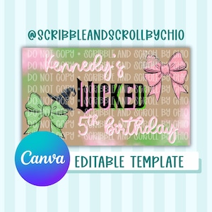 Könnte beinhalten: Rechteckige Grafik mit beigem Hintergrund, mit dem Text "Kennedy & Wicked 5th Birthday". Das Design umfasst einen Hexenhut, Schleifen und das Canva-Logo für die bearbeitbare Vorlage. Der Text "Do Not Copy" wird wiederholt.