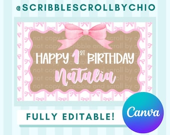 Bows Birthday Banner Template | Coquette Bows Canva Editable (Digital File)