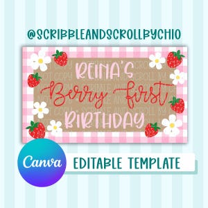 Op de afbeelding: Een rechthoekige verjaardagssjabloon met een roze ruitjesrand. Het ontwerp bevat de tekst "Reina's Berry first Birthday" in rood en roze, met aardbeien en witte bloemen. De Canva bewerkbare sjabloon staat in een witte rechthoek.