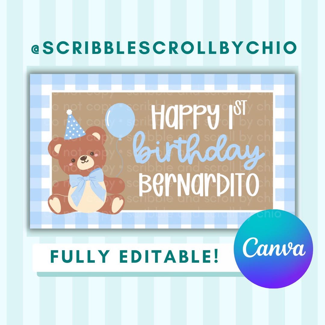Editable Teddy Bear First Birthday Banner | Canva Birthday Sign | Beary ...