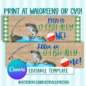 May include: A digital template with a fishing theme. The design features a leaping fish, a bobber, and the text "Ellis is O-Fish-ally One!" in blue and green. The words "Print at Walgreens or CVS!" are at the top.