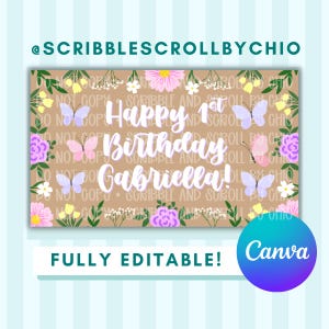 Butterfly Birthday Banner Template | Flowers and Butterflies Canva Editable (Digital File)