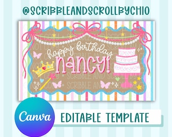 Fancy Nancy Banner Template | DIGITAL FILE | Colorful Birthday, Canva Editable Template