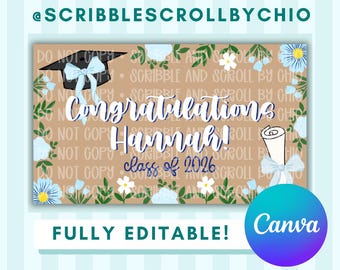 Graduation Banner Template | Floral Bow Theme | Canva Editable (Digital File)