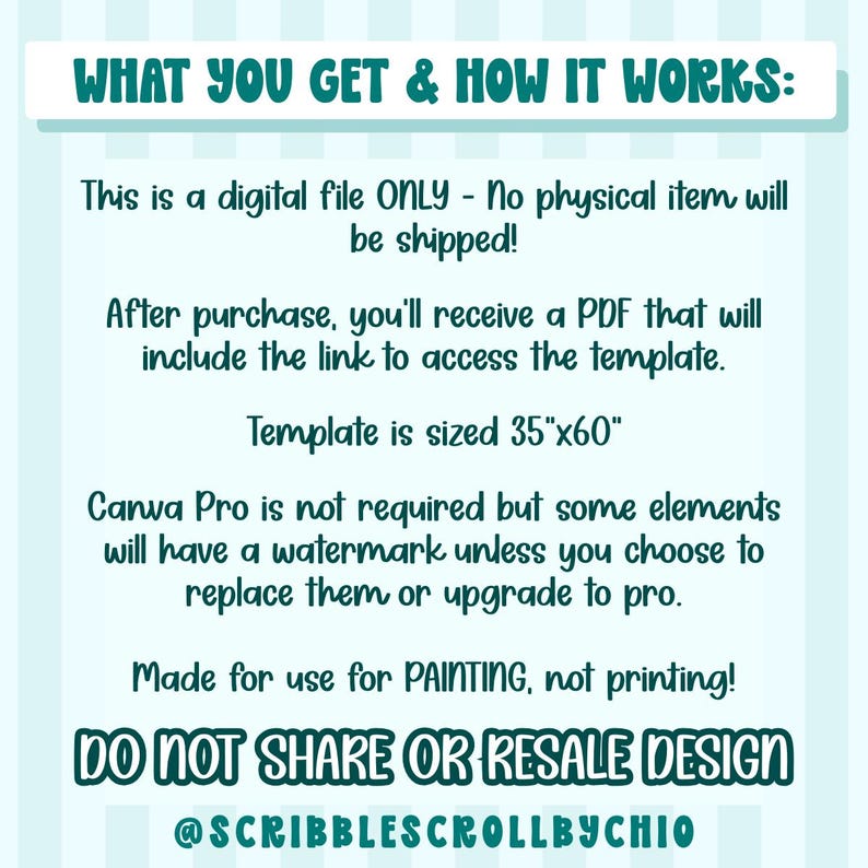May include: A digital file information graphic with text that reads "WHAT YOU GET & HOW IT WORKS:" and "Template is sized 35"x60". The graphic also states "DO NOT SHARE OR RESALE DESIGN" and includes a social media handle.