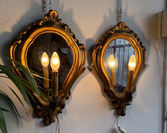 Antique Wood Wall Sconces Pair
