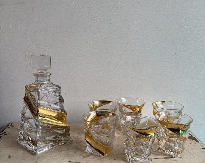 MCM Crystal Liquor Bottle and Glass Set, Vintage Drink Set, Mid-Century Décor, Bar Cart Accessories
