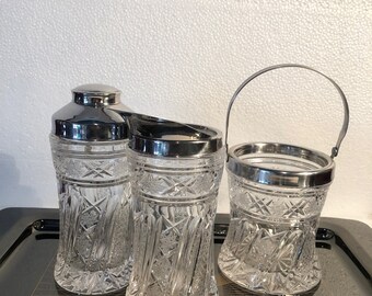 Vintage Crystal Cocktail Set with Shaker, Ice Bucket and Mixer