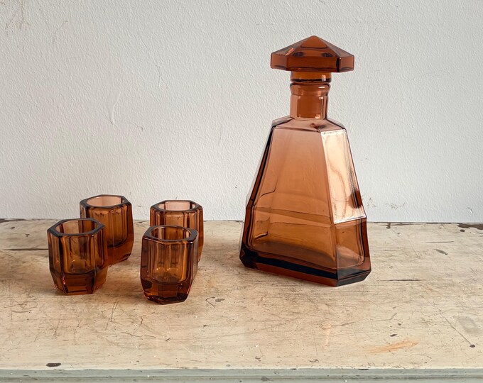 Art Deco Liqueur Set, Geometric Amber Glass Decanter And Glasses, Vintage Drinkware