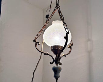 Vintage Chandelier, Ceramic and Glass Design, Brass Fixture, Home Decor, Antique Lighting, Pendant Light, Ceiling Fixture
