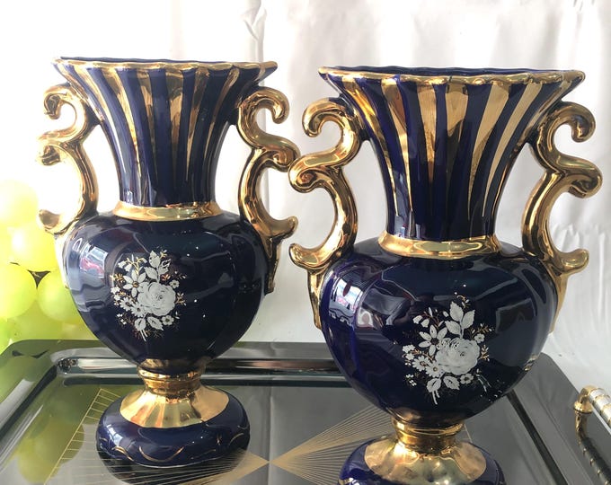 Ceramic Antique Vase Pair in Blue and Gold, Decorative Vases, Home Decor Accent, Vintage Pottery
