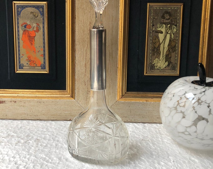 Retro Glass Liqueur Bottle, Silver Plated Detail, Vintage Barware Decor, Liquor Decanter, Bar Shelf Display