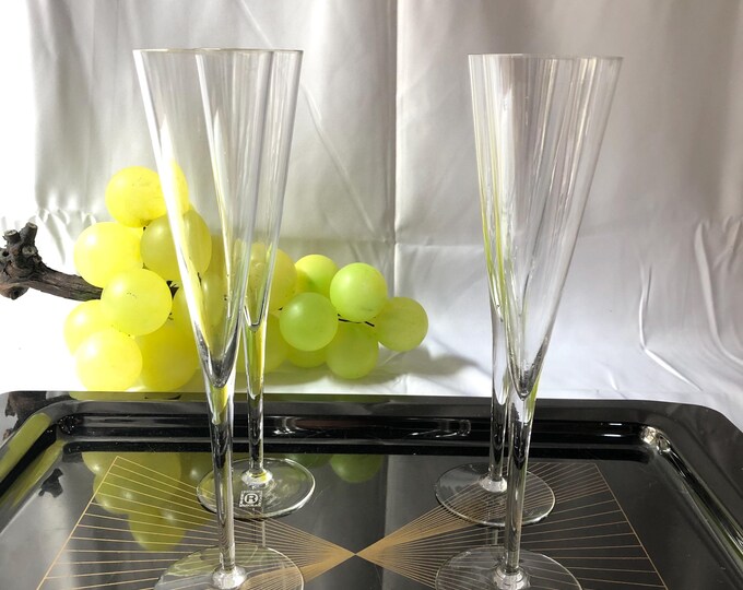 Vintage Crystal Champagne Flutes, Retro Glassware Set, Wedding Toasting Glasses, Bar Cart Decor, Special Gift