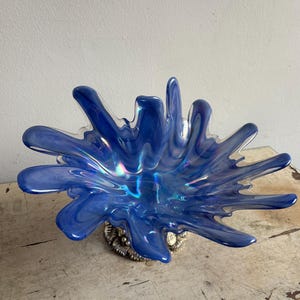 Peut inclure: Un bol en verre bleu vif avec un éclat irisé, posé sur un socle décoratif argenté. La forme unique du bol présente des bords fluides en forme de pétales, créant un design dynamique et artistique. Ce bol décoratif est une pièce maîtresse.