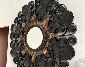 Rustic Wrought Iron Mirror, Foliage Accent, Vintage Mirror, Wall Hanging, Home Decor, Hollywood Regency