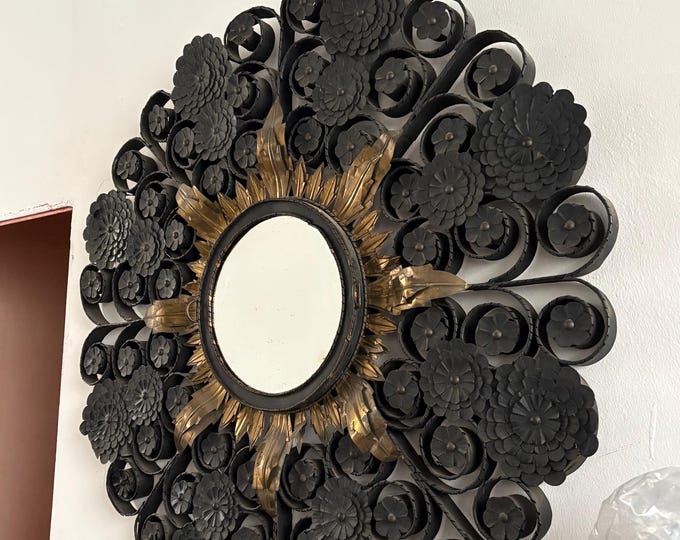 Rustic Wrought Iron Mirror with Foliage Decor