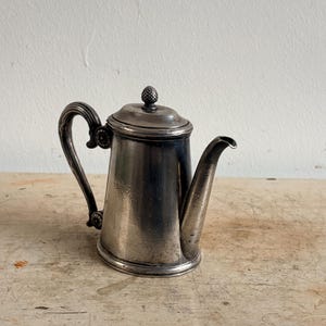 Può includere: Una teiera vintage color argento con un manico curvo e un beccuccio. Il coperchio è sormontato da un pomello decorativo. La teiera è su una superficie di legno chiaro.