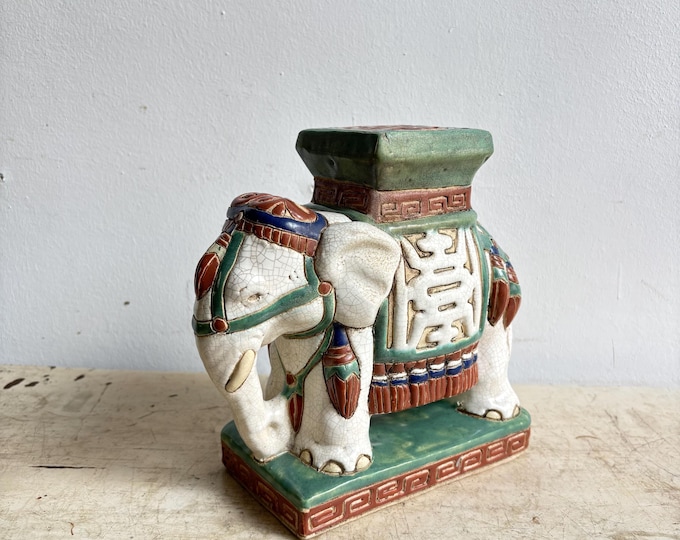 Elephant Ceramic Plant Stand, Vintage Plant Holder, Ceramic Elephant Statue, Hand Painted Pot Stand