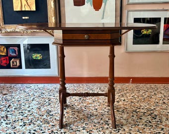 Vintage Burl Walnut Pembroke Table, Drop Leaf Side Table with Drawer, Regency Style Occasional Furniture