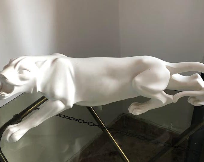 Vintage Carrara Marble Panther Statue, White Sculpture, Home Decor Accent, Vintage Statue