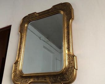 Vintage Rustic Wood Mirror with Gold Finish