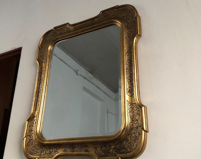 Vintage Rustic Wood Mirror with Gold Finish