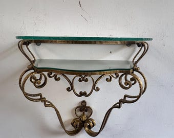 Consola de entrada vintage, mesa consola de hierro forjado y cristal.