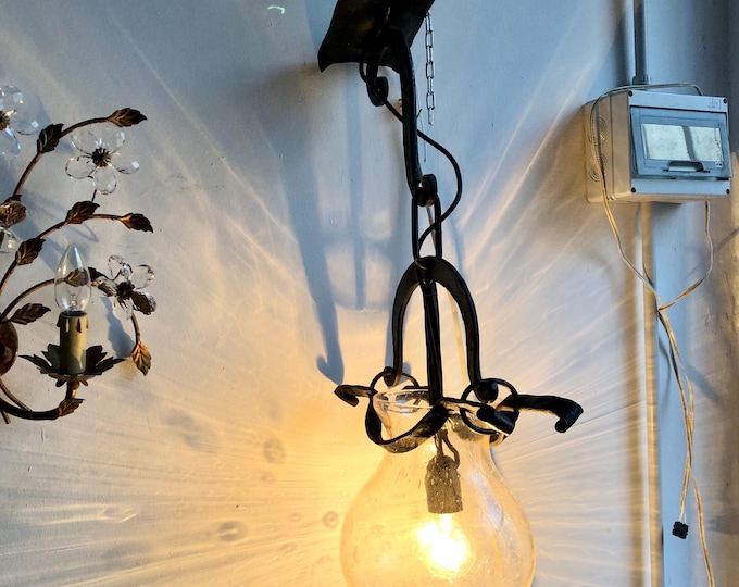 Vintage Rustic Wrought Iron Chandelier with Murano Glass