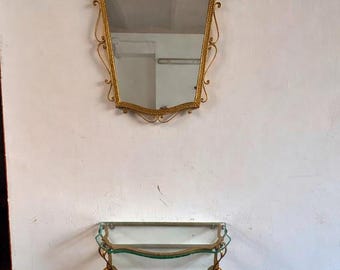 Console vintage, miroir ancien, fer forgé et verre