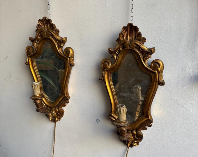 Vintage Wood Wall Sconce with Mirror