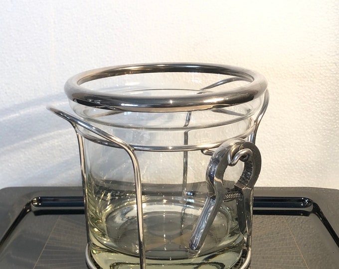 Vintage Glass Ice Bucket for Drinks, Retro Barware Accessory, Mid Century Ice Container, Glass Beverage Holder