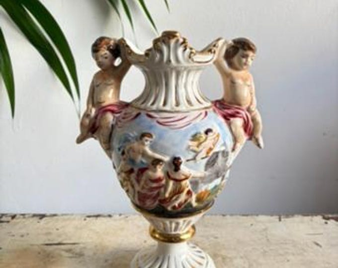 Vintage Capodimonte Vase, Cherubs Design, Gold Finish, Antique Ceramic Decor, Classic Italian Art, Collectible  2