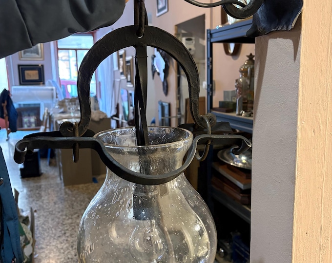 Vintage Rustic Wrought Iron Chandelier with Murano Glass