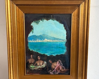 Vintage Oil Painting, Maritime Siren Artwork, Gold Framed Art, Nautical Theme Decor, Wall Art Gift