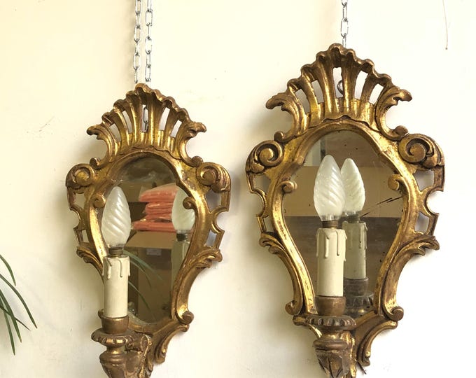 Antique Wood Wall Sconces Pair, XIX Century Vintage Lighting, Rustic Home Decor, Wooden Sconces Set