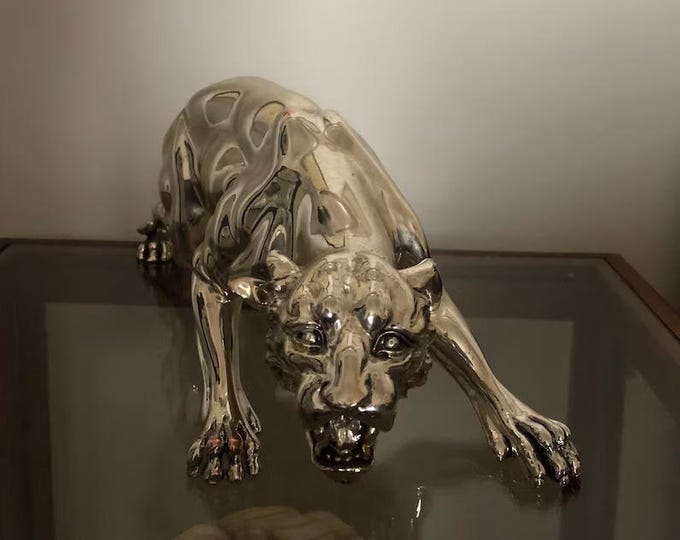 Vintage Silver Panther Figurine, Detailed Home Decor Statue, Collectible Gift, Antique Animal Sculpture