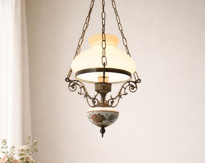 Vintage Glass Chandelier, Brass Pendant Light, Hollywood Regency Style, Suspension Light, Home Decor Fixture