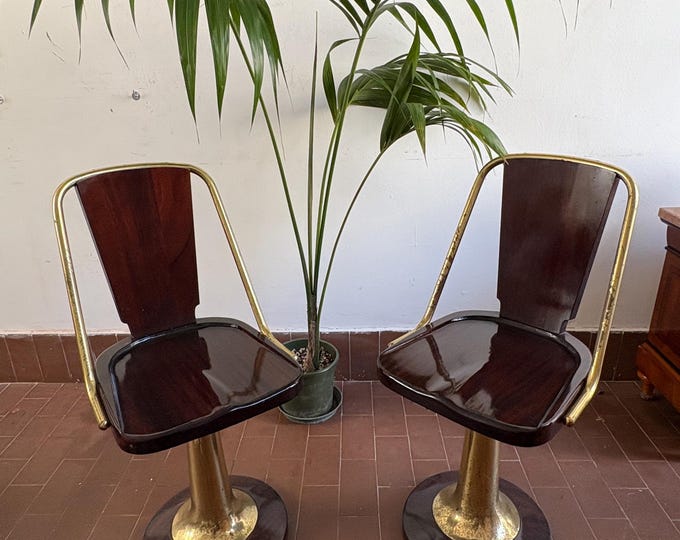 Vintage Nautical Chair Pair in Wood and Brass