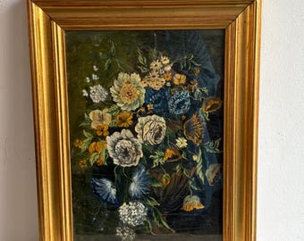 Vintage Oil Painting on Canvas, Gold Framed Artwork, Flowers Art, Vintage Decor, Canvas Wall Art, Home Decor