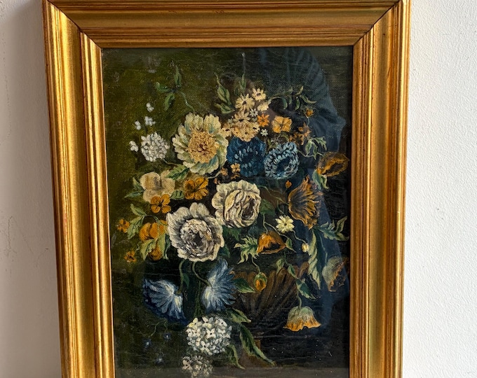 Vintage Oil Painting on Canvas, Gold Framed Artwork, Flowers Art, Vintage Decor, Canvas Wall Art, Home Decor