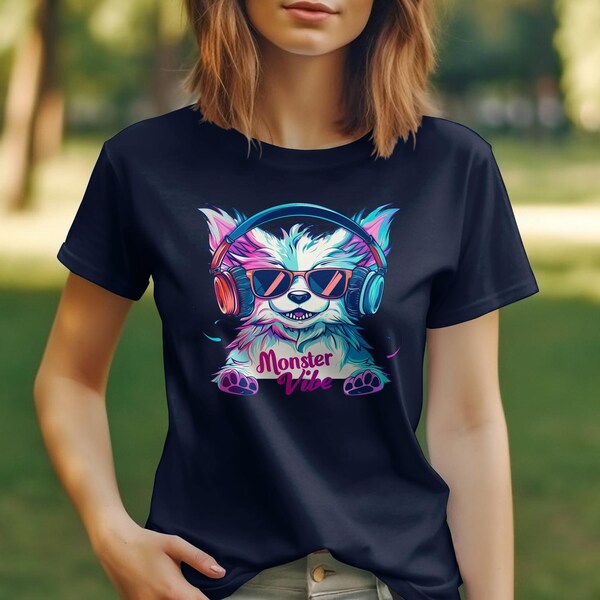 Colorful Monster Vibe Graphic T-Shirt, Cool Funky Animal with Headphones, Unisex Fashion Tee